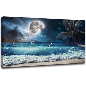 Yxbhhym Moon Ocean Decor Beach Wall Art Seascape Painting Sea Canvas Poster Prints Landscape Plam Pictures Artwork for Living Room Decor Wall Decorations large Framed Wall Art -20x40inches (40L" x 20W", Blue Ocean Wall Art)
