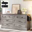 DWVO Farmhouse 6 Drawers Dresser, 59" Wide Wood Rustic Chest of Drawers with Nice Texture, Vintage Design, Storage Dressers Organizer for Living Room, Hallway, Grey, 
15.7"D x 59.1"W x 30.7"H
