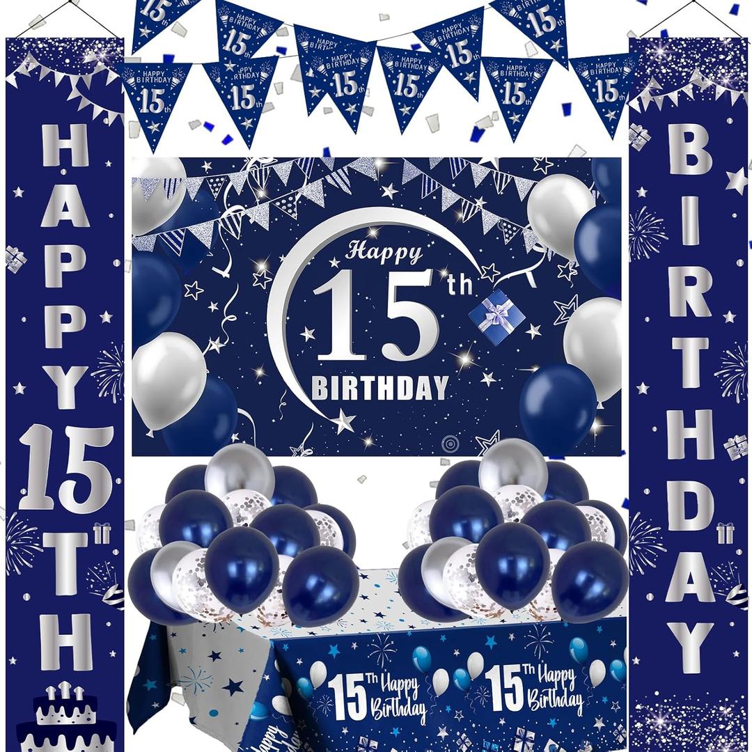 Blue 15th Birthday Decorations - Door Banner, Balloons, Porch Sign & Latex Balloons for Boys & Girls 15th Bday Party Supplies
