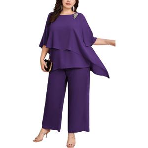 Hanna Nikole Plus Size Mother of Bride Pant Suits 2 Piece Chiffon Sets Ruffle Layers Wedding Guest Outfit (Small, Purple)