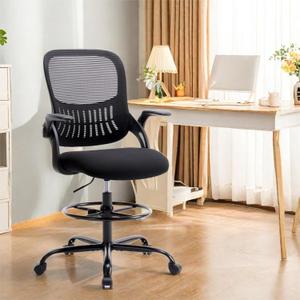 Ergonomic Office Chair w/Flip-up Arms, Drafting Standing Desk w/Mid-Back Mesh Adjustable footrest Ring Computer Chairs for Bar, Lab, Work, Pink/Fixed Handrail (Black A-movable Armrest)