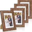 4x6 Picture Frame Set of 4, with Real Glass and Rustic Brown Wooden Frame, 4 by 6 Photo for Wall or Tabletop - Display Picture 3.5x5 with Mat or 4x6 Without Mat