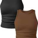 YIOIOIO Women's 2 Pieces Basic Seamless Tank Tops Sleeveless Crew Neck Workout Exercise Crop Camis (Brown, M)
