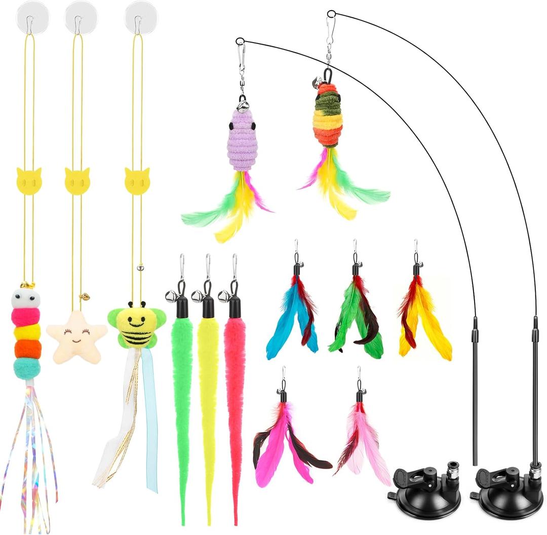 Atosun Interactive Cat Toys, 15PCS Cat Wand and Feather Toys for Indoor Cats, Reusable Suction Cup Toys for Kittens Play Exercise