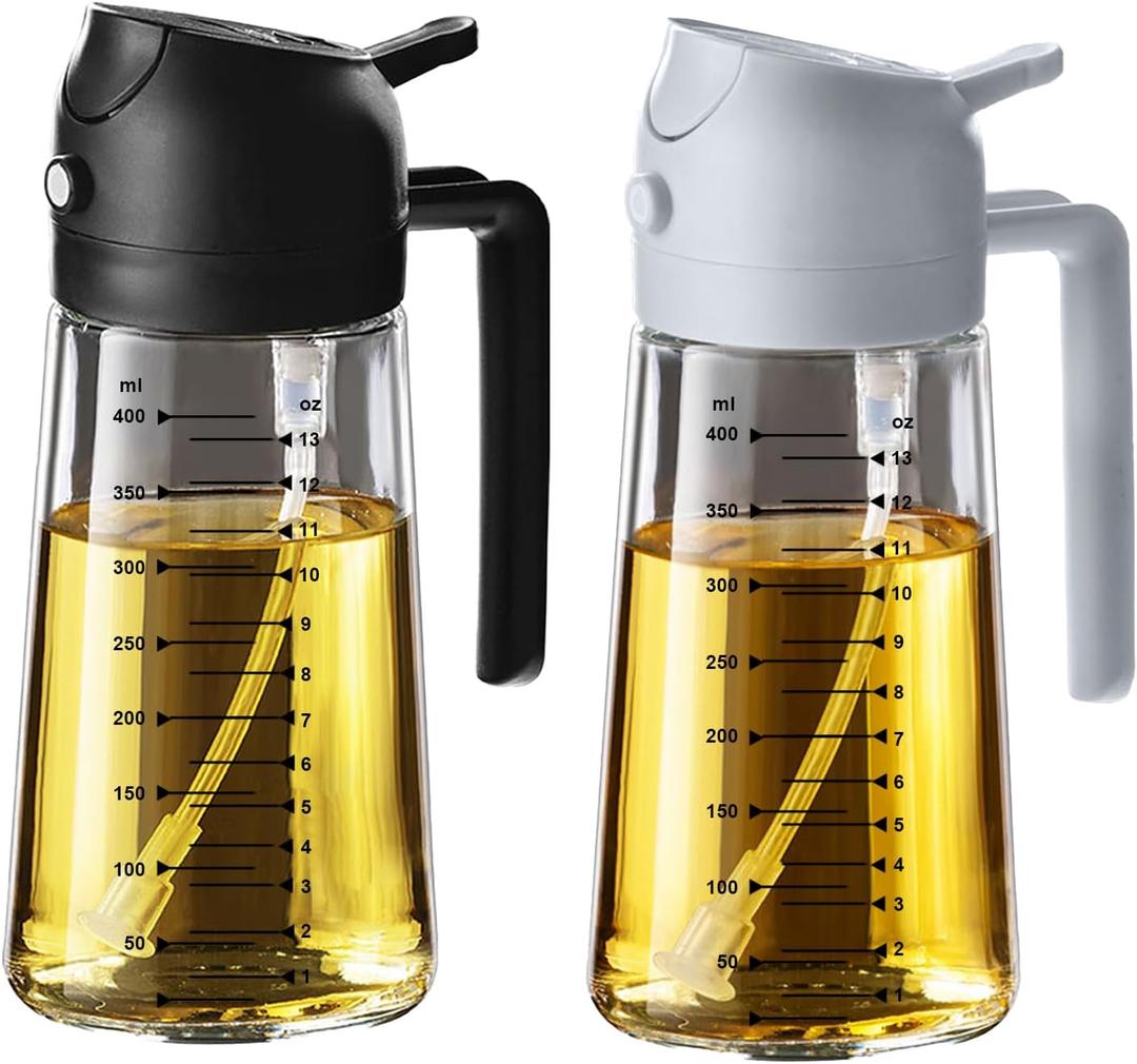 TrendPlain 16oz/470ml Glass Olive Oil Sprayer for Cooking  2 in 1 Olive Oil Dispenser Bottle for Kitchen Gadgets and Air Fryer Accessories, Salad, BBQ - Black & Ash