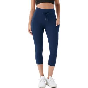 ODODOS Women's Drawstring Tie Capri Leggings with Pockets 19", High Waist Compression Cropped Yoga Pants for Everyday Wear, Deep Navy, X-Small