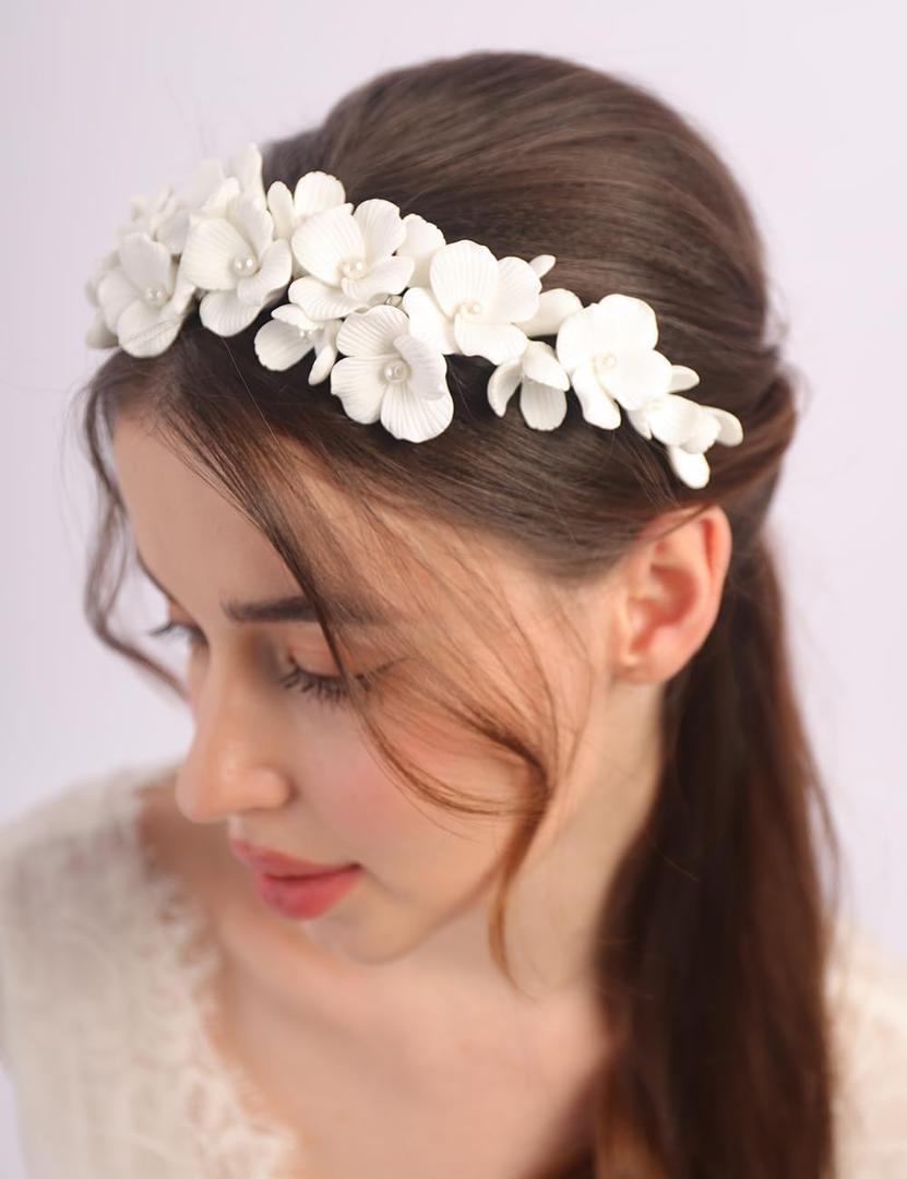 White Flower Pearls Headband Silver Wedding Headband Handmade Flowers Bridal hair Crown Flowers Wedding Bride Hair Tiara Wedding Hair Accessories for Women Girls