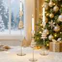 3 Pcs Christmas Tree Taper Candle Holders, 3 Size Gold Christmas Candlestick Holders, Xmas Candle Holder Vintage Decorative for Table Centerpiece Mantel Decor Holiday Housewarming Gifts