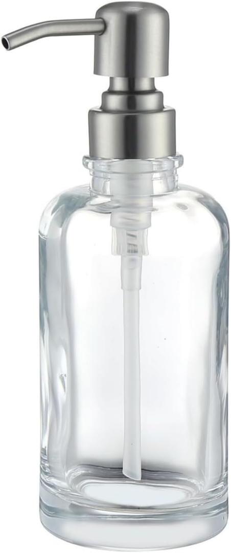Clear Glass Dish Soap Dispenser Cylindrical, Refillable 11oz Hand Soap Lotion Dispenser with Brushed Nickel Stainless Steel Pump Bathroom Kitchen Countertop