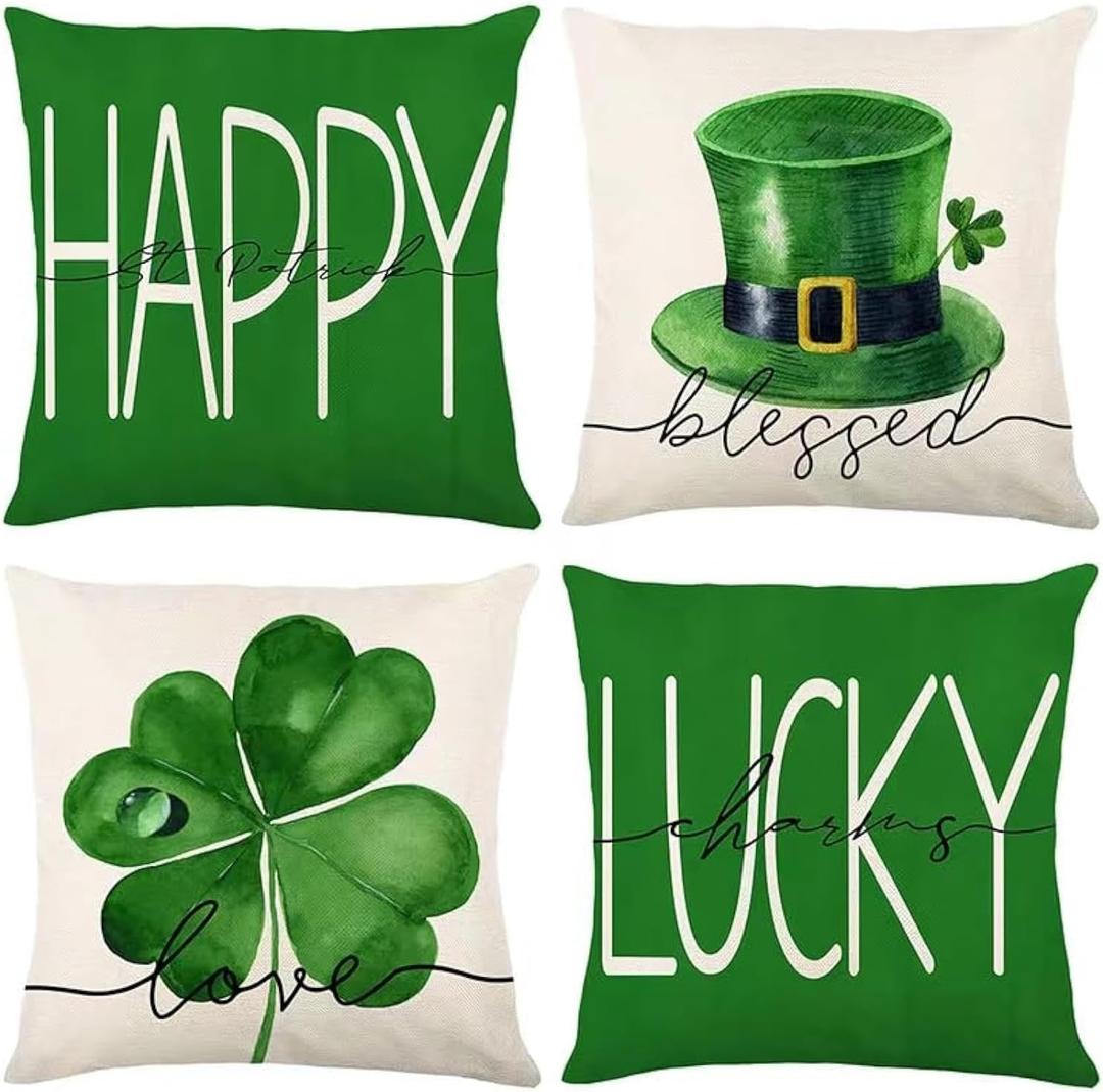 St Patricks Day Decor-Throw Pillow Covers 18x18 in Set of 4,Shamrock Linen Pillow Case with Green Hat Irish for Large Couch Sofa Home Indoor Outdoor Holiday Decorations