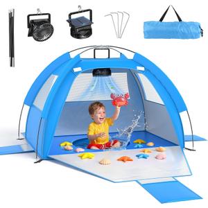 Baby Beach Tent Solar Cooling Fan, Anti-UV Toddler Beach Tent Sun Shelter Portable Travel Fan Beach Shade Tent, Baby Play Tent Built-in Ceiling Fan Sun Shelters Toddler Beach Essentials Blue