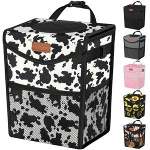 Car Trash Can with Lid, Cute Leakproof Car Trash Garbage Bag Hanging Vehicle Trash Bin Small Portable Automotive Garbage Cans Organizer for Back/Front Seat/Console(Trapezoid,Cow Print) (2 Gallons)