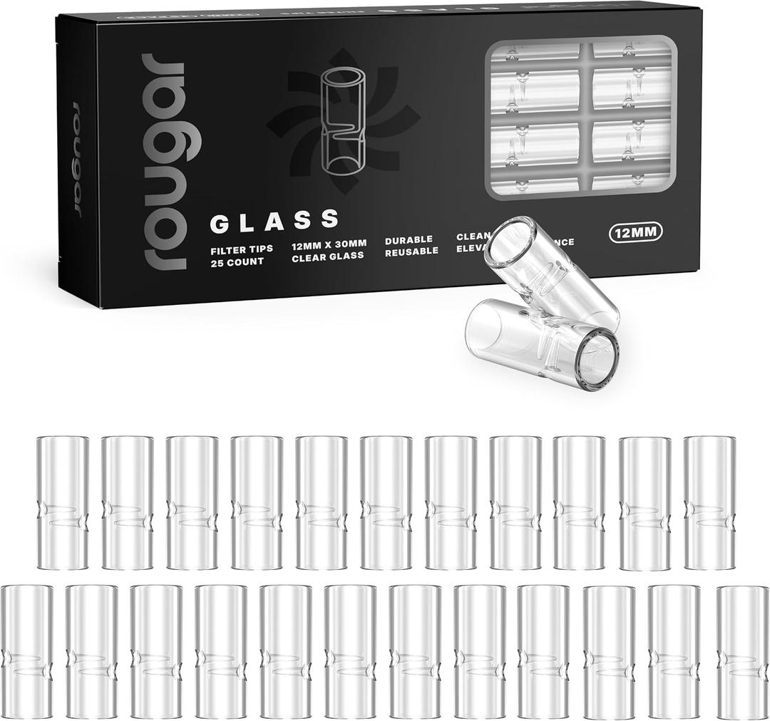 12mm Glass Tips Clear 25 Pack | Reusable Borosilicate Glass Filters | Durable, Easy-to-Clean 12x30mm