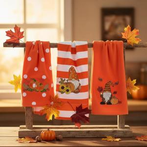 3 Pcs Fall Bathroom Decor Fall Hand Towels for Bathroom Thanksgiving Embroidered 14'' x 29'' Pumpkin Maple Leaf Gnomes Dish Fingertip Towel for Autumn Harvest Gift Party Supplies