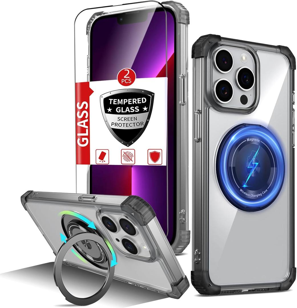 for iPhone 13 Pro Max Case Magnetic Compatible with MagSafe Wireless Charging,with 2 Screen Protectors,Built-in Kickstand Ring,Military Grade Drop Heavy Duty Protection Shockproof Phone Black