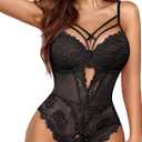 Avidlove Women Lingerie Floral Lace Harness Lingerie Bodysuit One Piece Teddy Babydoll Nightgown (Black, L)