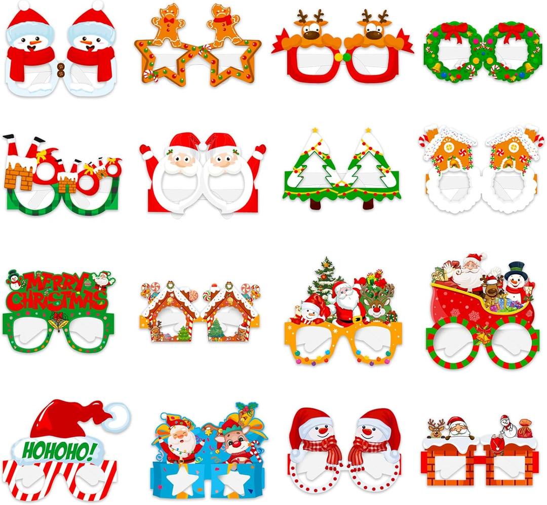 16Pcs Christmas Party Glasses Frames, Funny Xmas Paper Glasses Christmas Eyeglasses Photo Booth Props for Xmas Party Decorations Supplies (Reindeer)