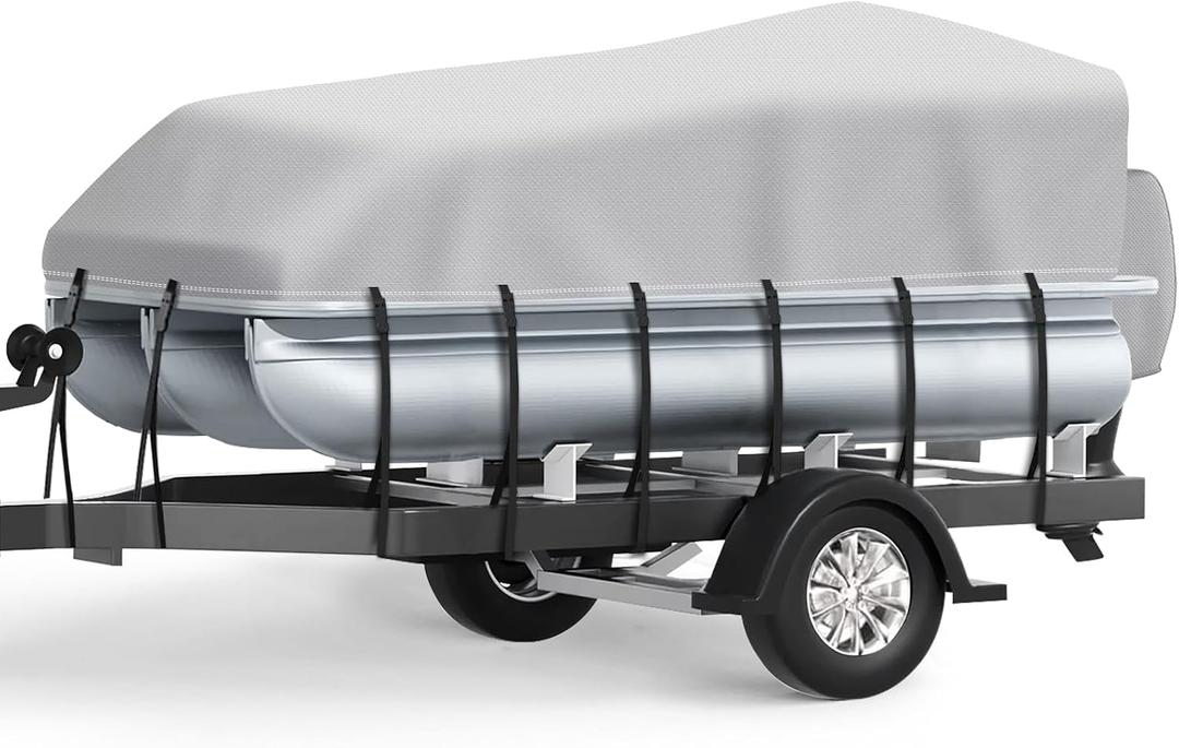 Pontoon Boat Cover 19-21 ft, 1200D Heavy Duty Waterproof Trailerable Cover for Pontoon Boats Up to 8.5 ft Beam, 14 Straps, Elastic Hem &Outboard Motor Cover, Gray