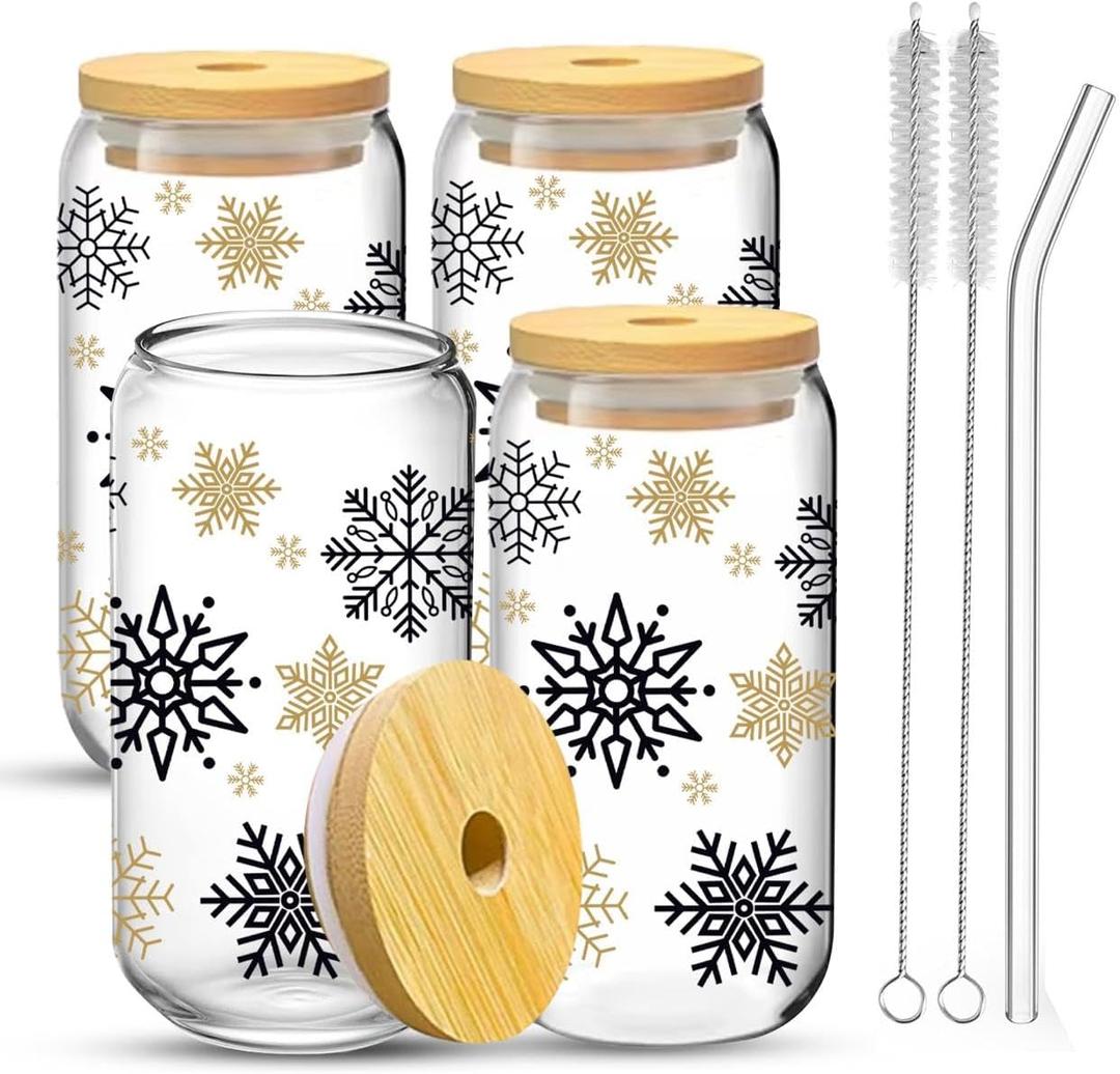 ZYLOSTORE Glass Cups With Lids and Straws, Iced Coffee Tumblers, Smoothie Cups Set, Cute Jars With Bamboo Lids - Christmas Gifts