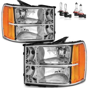 ROADEAL Headlights W/Bulbs for 2007-2013 GMC Sierra 1500/2007-2014 Sierra 2500 HD 3500 HD Halogen Headlamp Replacement Driver & Passenger Side