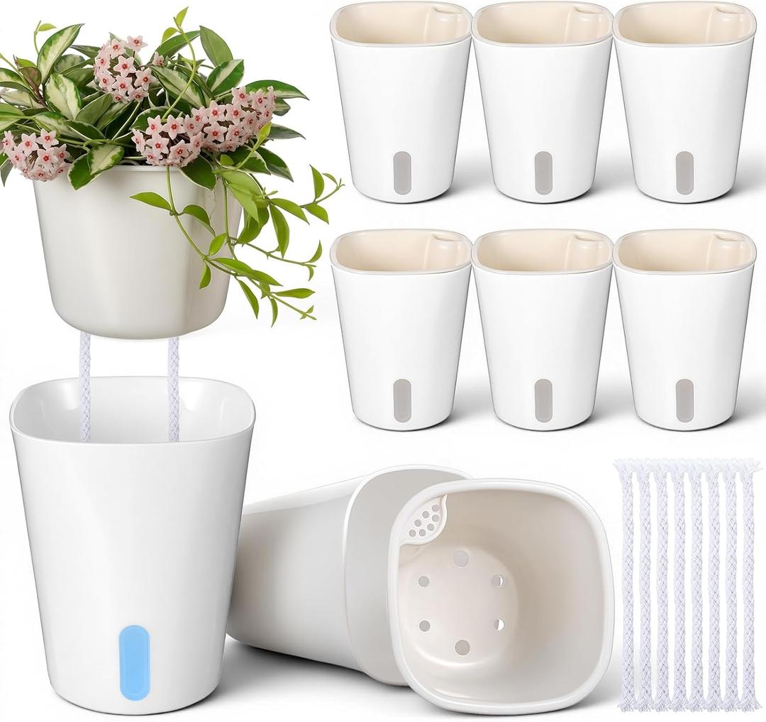 8 Sets Self Watering Pots for Indoor Plants, 4 Inch White Small Self Watering Planters Plastic Garden Pots with Water Level Indicator & Vents for All House Plants, Flowers, Succulents