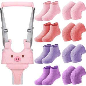 Xuniea Baby Walking Harness Breathable Handheld Baby Walker Assistant Belt Adjustable Toddler Walking Assistant with 4 Pairs Non-Slip Socks Grips 4 Pairs Baby Knee Pads for Crawling, 7-24 Months