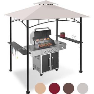 FAB BASED 5x8 Grill Gazebo, All-Weather Steel Construction, Double Tiered & Resistance Canopy Roof, Metal Serving Shelves, 2 LED and Bottle Opener for Patio, Backyard, BBQ (Light Gray)