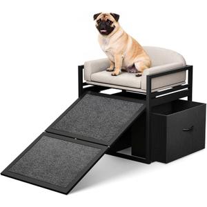 Non Slip Dog Ramp with Seat & Storage Drawers,Extra Wide Doggie Stairs,Metal Frame Puppy Chair for High Bed Couch Office,Dachshunds Ladder,Washable Cushion Pet Step for Small Old Pets Khaki