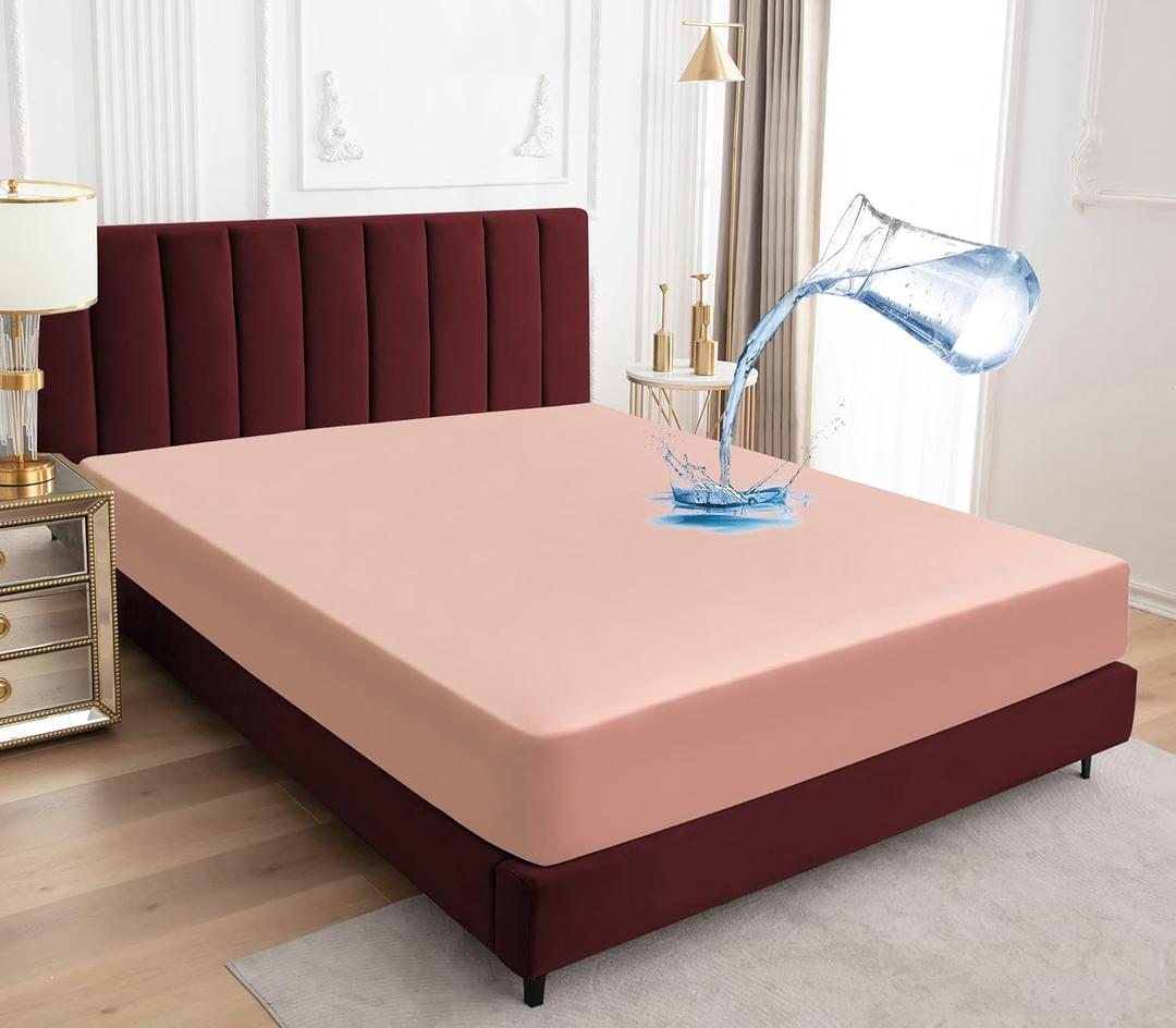 Sufdari Full Size Waterproof Mattress Protector, Fitted Sheet Style Mattress Cover with 18" Deep Pocket, Washable and Comfortable - Light Pink, Full