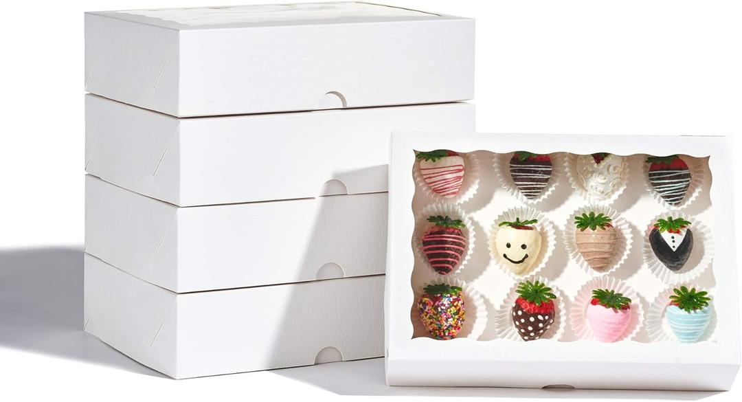 24PCS 10 x 7 x 2.5 inches Elegant White Cookie Boxes, Strawberry Boxes with Clear Window,Paper Gift Box