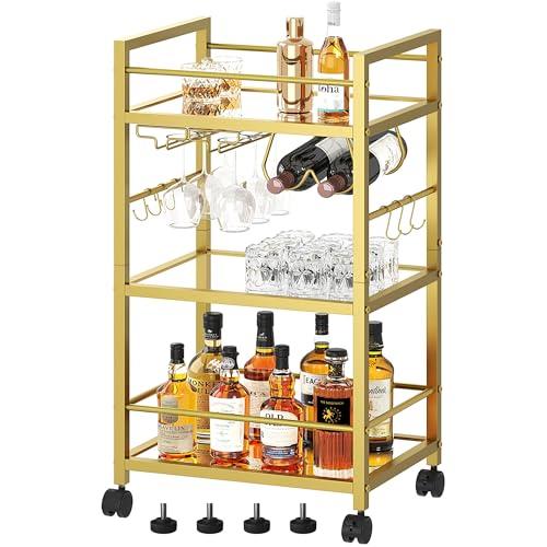 Bar Cart, Serving Cart for Home, Microwave Cart, Drink Cart, Mobile Kitchen Shelf with Wine Rack and Glass Holder, Rolling Beverage Cart for Dining Room, Gold Bar Cart, Serving Cart for Home, Microwave Cart, Drink Cart, Mobile Kitchen Shelf with Wine Rack and Glass Holder, Rolling Beverage Cart for Dining Room, Gold