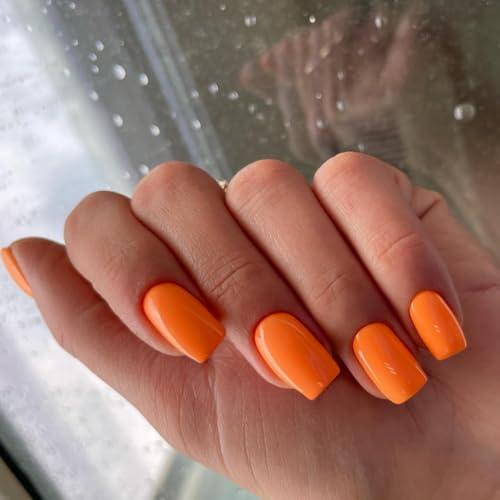 KQueenest Orange Press-on Nails, Short Medium Square, Coffin Acrylic Set of 24 Pcs