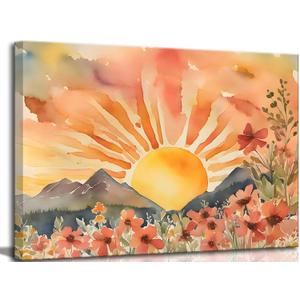 Boho Sun Canvas Wall art Mid-Century Modern Abstract Bohemian Sunset in The Mountains Watercolor Wildflowers Sunrise Landscape Picture Wall Decor Poster Print Artwork for Living Room Bedroom