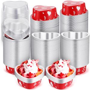 Domensi 100 Sets Aluminum Foil Heart Shaped Cake Pans Mini Cupcake Cup with Lids Flan Pan Disposable Flan Baking Cups for Valentine's Day Mother's Day Wedding Birthday(Classic,3.4 oz)