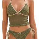 ZAFUL Women's Tankini Sets Halter String Tie Side Thong V Neck Bathing Suit Bowknot Lace Textured 2 Piece Swimsuit (Green, M)