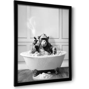 Framed Bathroom Decor Wall Art, Chimpanzee in Bathtub, Black and White Wall Art, Funny Bathroom Wall Decor Signs, Cute Animal Art Decoration (Framed,16''x20'')