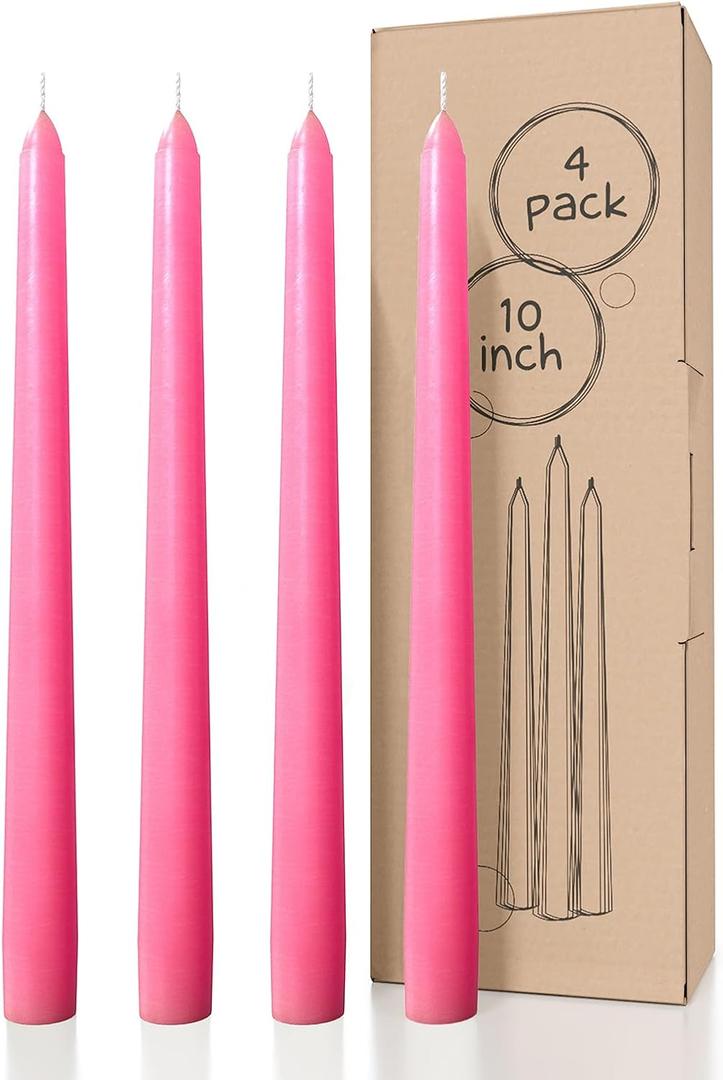 CANDWAX 10 inch Pink Taper Candles Set of 4 - Unscented Smokeless Dripless Tall Candle Sticks - Perfect as Easter Candles and for Holidays, Ordinary Dinners and Special Occasions - Pink Candlesticks