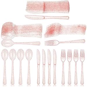 Youyole 150 Pcs Pink Plastic Silverware Set Disposable Flatware Christmas Silverware Includes 50 Forks 50 Spoons 50 Knives Glittery Plastic Cutlery Pink Utensils Set for Birthday