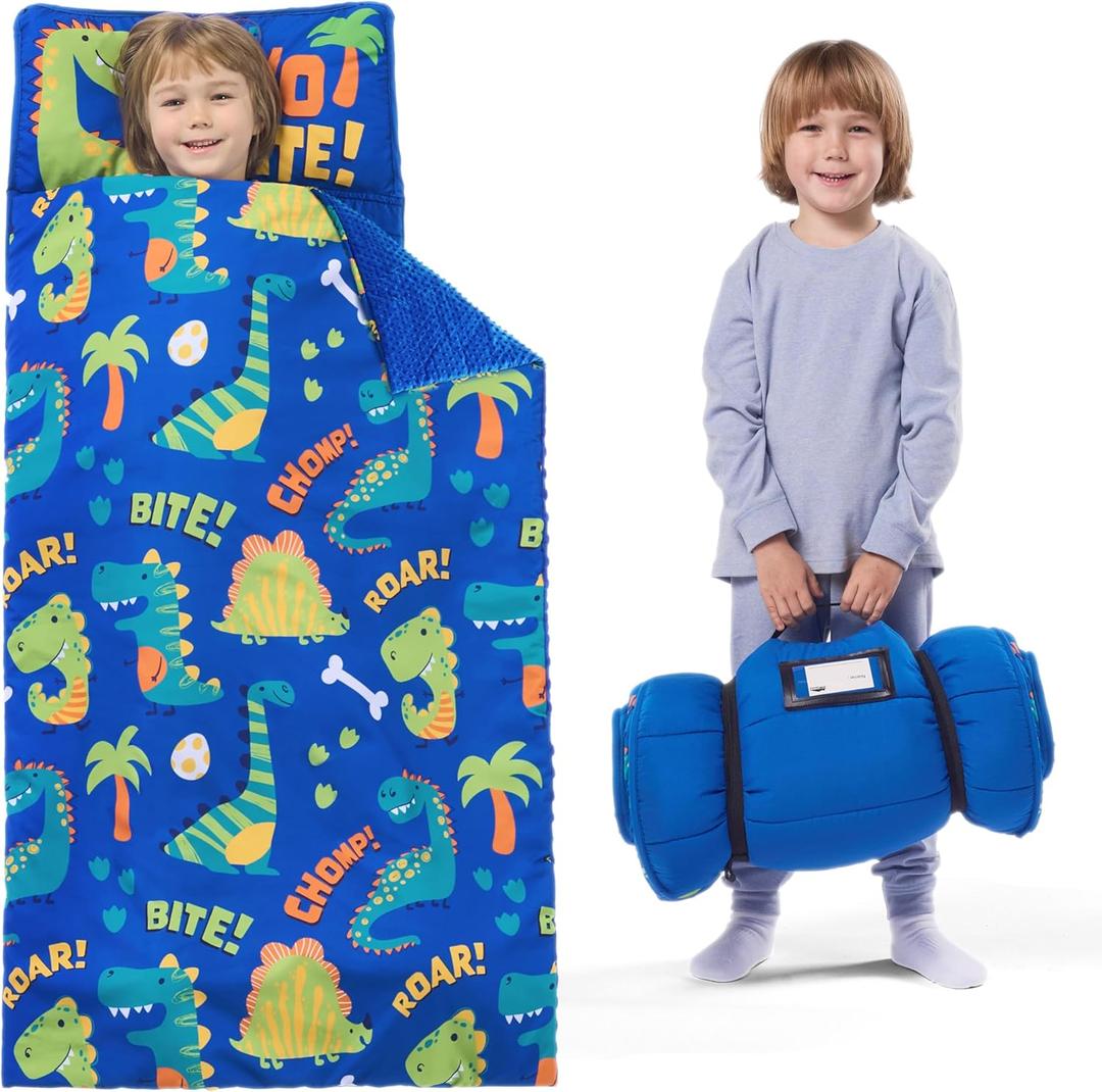 JOIEDOMI Toddler Sleeping Bag for Kids 55''x30'' Nap Mat with Removable Pillow and Minky Blanket for Toddler Ages 3-7 Roll Up Soft Kids Sleeping Bag for Boys Girls Kindergarten Daycare Sleepover (Blue Dinosaur)