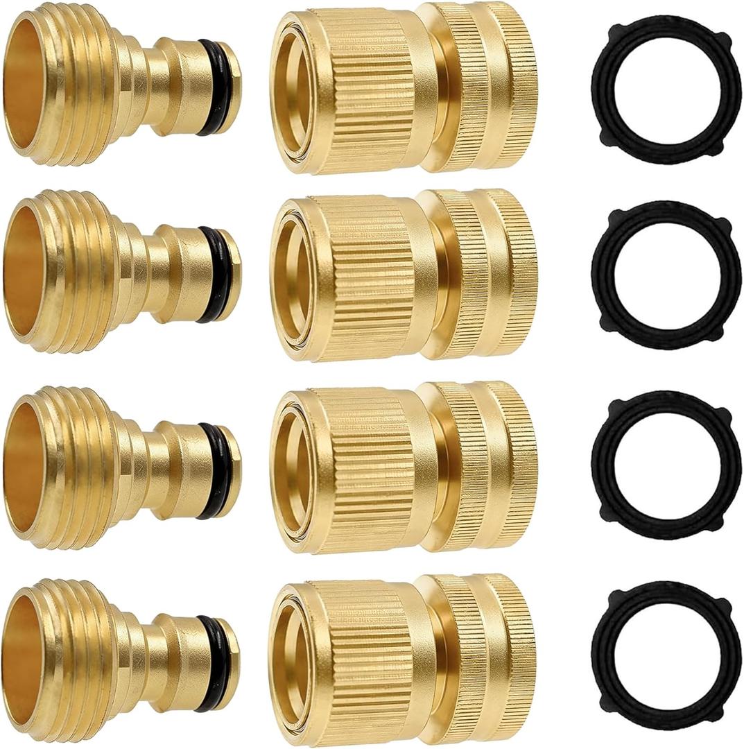Hourleey Garden Hose Quick Connector, Solid Brass 3/4 Inch GHT Thread Garden Quick Connect Kit, Male and Female No-Leak Water Hose Fittings (4 Set)