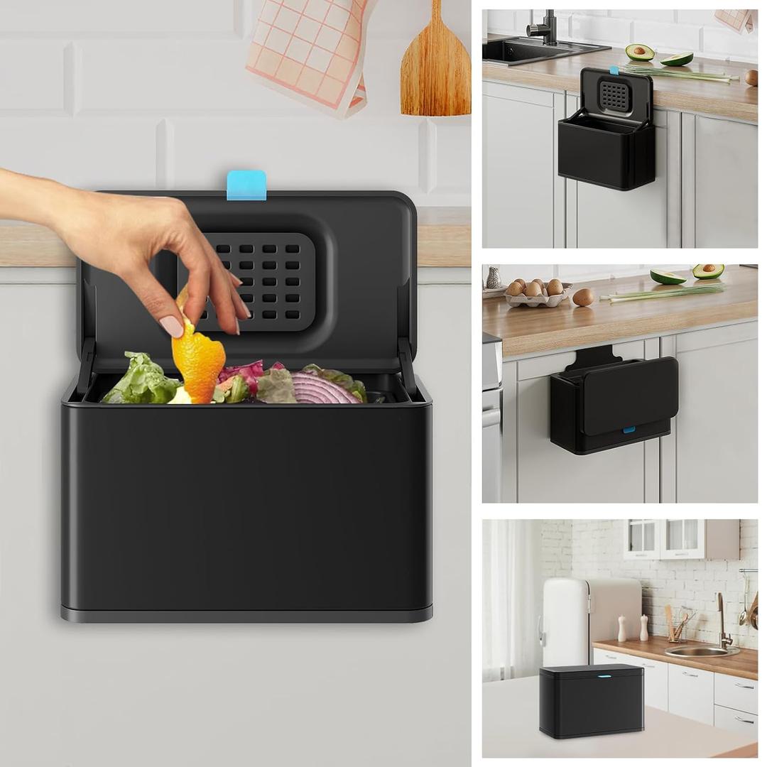 Stainless Steel Hanging Trash Can with Lid and Inner Bucket, 1 Gallon Kitchen Compost Bin for Counter Top, Under Sink or Wall Mount, Small Garbage Can for Cupboard/Bathroom/Bedroom/RV, Black (4L/1 GAL, Black)
