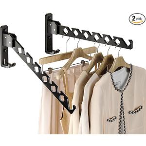 Dr.DJ Wall Mount Coat Hanger Holder Black Clothes Drying Organizer Rack Garment Hooks Aluminium Retractable Folding Indoor Wall Mounted Hanger Space Saver for Laundry Room Bedroom Black 2Pack