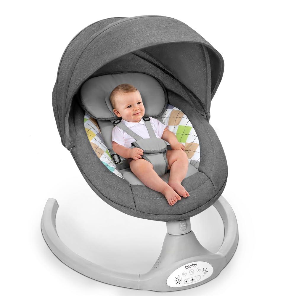 Bioby Baby Swing for Infants with 5 Natural Sway Speeds, Portable Bt Music Swing with Remote Control & 5-Point Harness, Lightweight Baby Rocker for 5-20 Lb,0-12 Months Grey