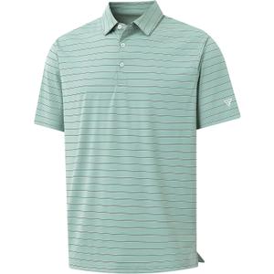 M MAELREG Mens Striped Golf Shirts Short Sleeve Silk-Like Touch Water-Resistant Breathable Soft Collared Polo Shirts for Men (Green, S)