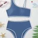 Girls Swimsuit 2 Piece Bikini Set Contrast Trim Bathing Suit Padded Solid Color Swimwear with Adjustable Strap 7-16Y (Blue)