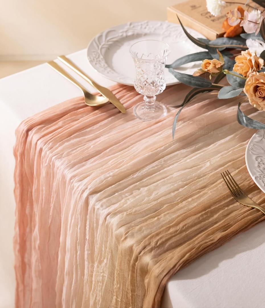 Vitalizart Cheesecloth Table Runner 10ft Gauze Boho Rustic Pink Nude White Cheese Cloth Table Runner for Wedding Bridal Shower Fall Thanskgiving Decoration 120 Inches