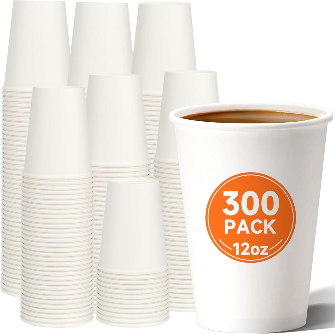 METAPRINT 12 oz Disposable Paper Coffee Cups [300 Pack], White Hot Coffee Cups 12 oz, Thickened Design for Cafes, Bistros, Parties, and Events