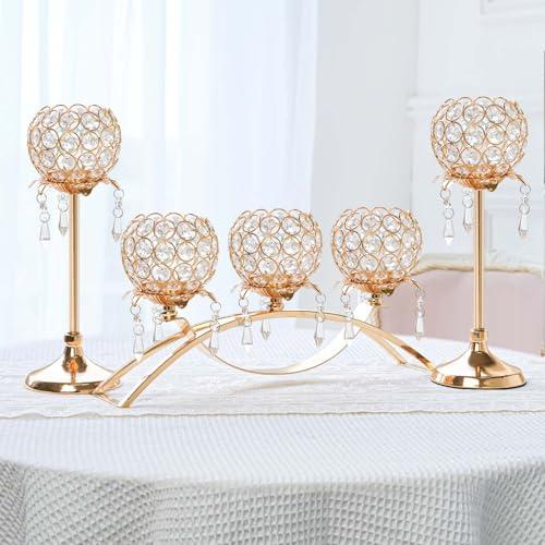 Kehail Set of 3 Gold Crystal Tea Light Candlestick Holders Flower Shape with Crystal Pendant Bowl Votive Metal Candle Holder for Table Centerpieces Wedding Home Decor (Set of 3, Gold)