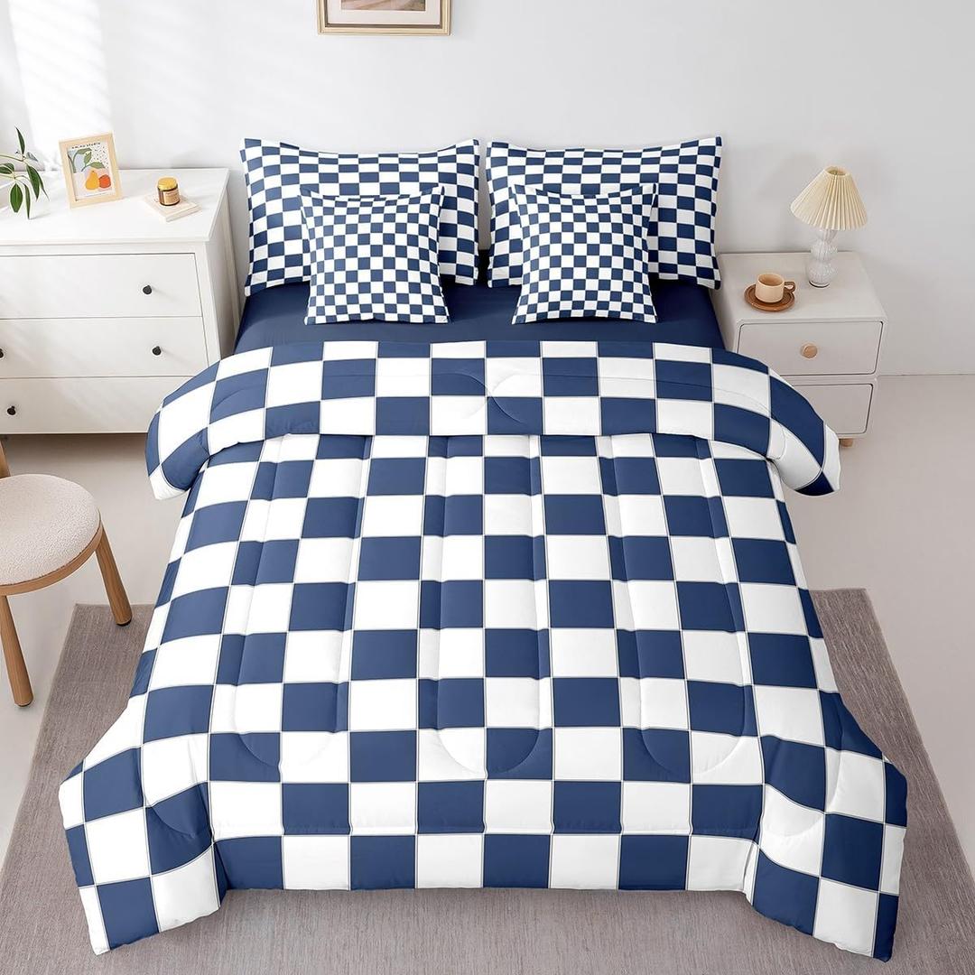 Erosebridal White Blue Plaid Full Comforter Set with Sheets 7 Piece Navy Blue Checkerboard Bedding Set for Kids Boys Teen, Checkered Grid Bed in A Bag Modern Aesthetic Geometric Bed Set