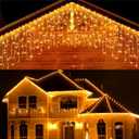 Tchip Christmas Icicle Lights Outdoor, 33ft 400 LED for Outside, Plug-in Curtain String Twinkle Tree 8 Modes Waterproof Patio Party Holiday Decorations Warm White